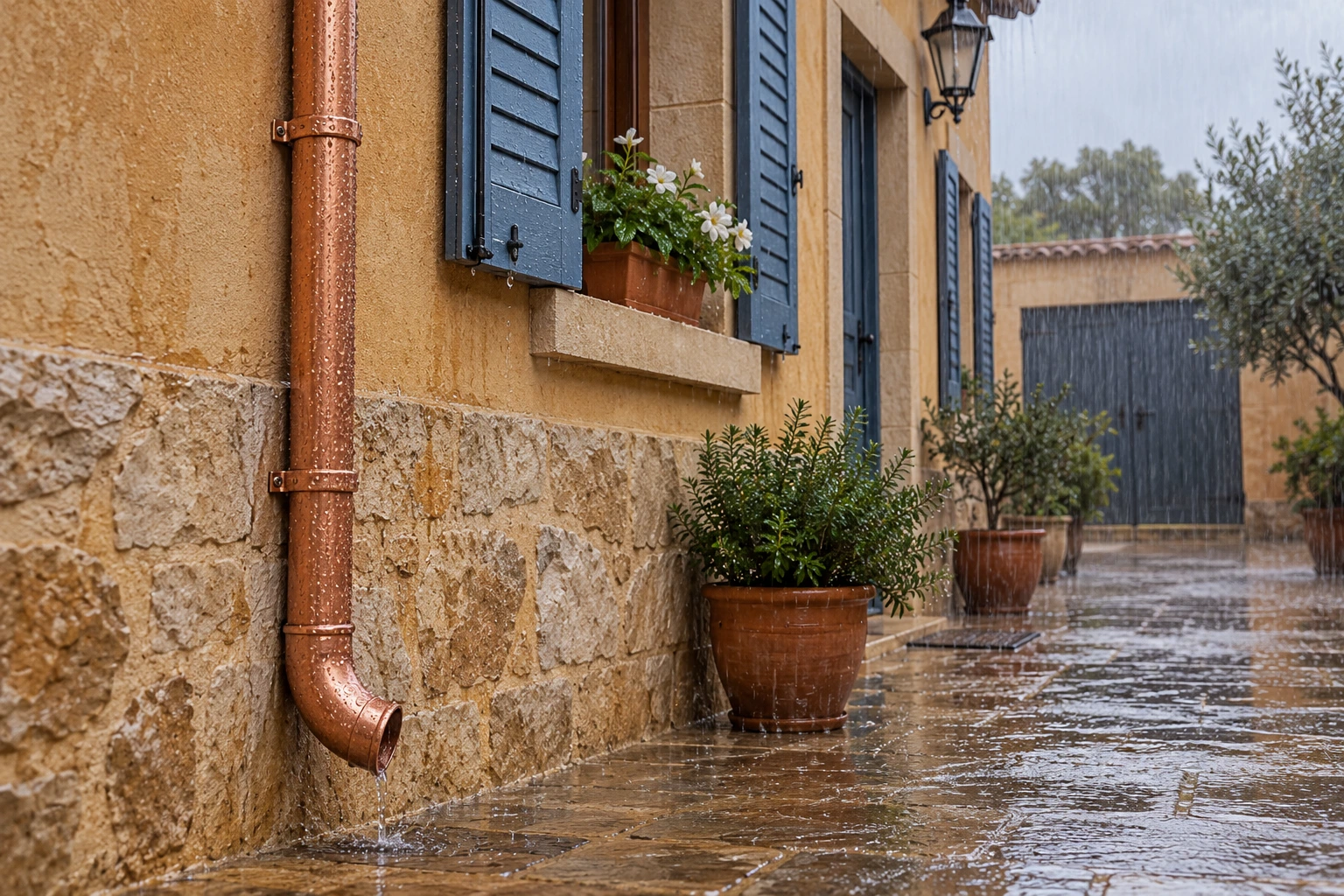 Cobre natural bajo lluvia